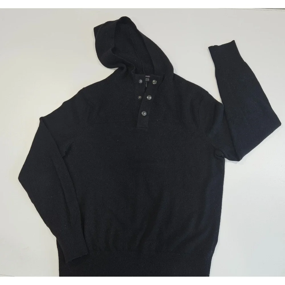 Banana Republic Mens S Merino Wool Heavy Knit Pullover Hoodie Snap Neck Sweater